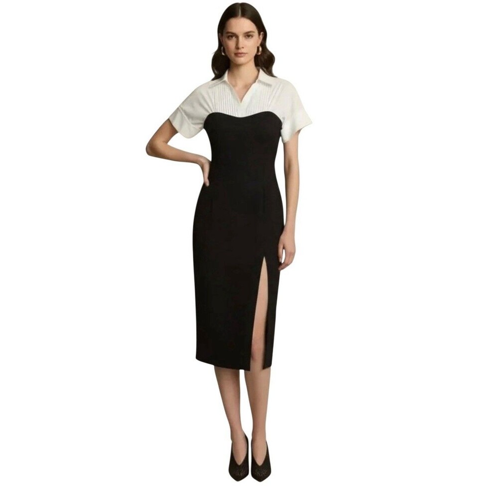 TOCCIN Collared Pleated Short Sleeve Shirt Dress Black White, Size 4 Ret $595
